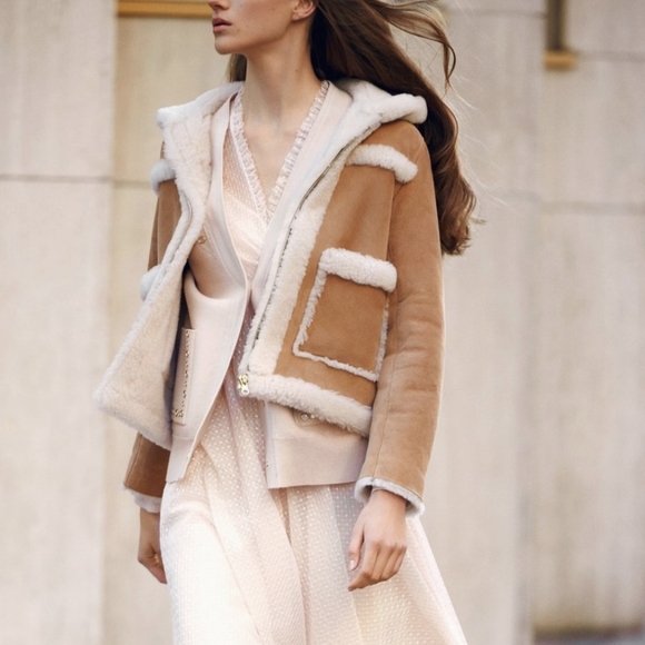 Sandro Jackets & Blazers -  Sandro Paris sheepskin hooded shearling leather jacket in tan, size 1